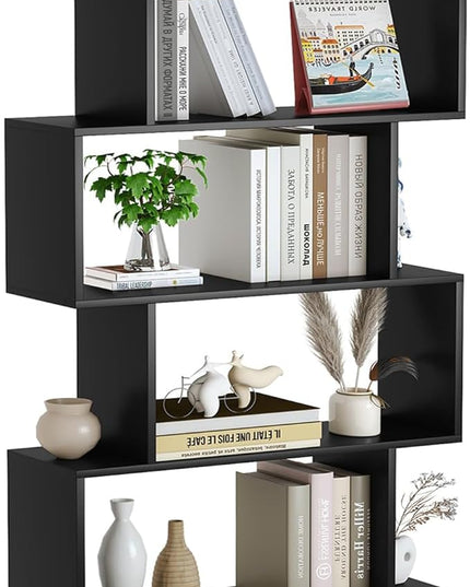Yusong Bookshelf 6-Tier, Geometric Bookcase S Shaped Book Shelves for Bedroom, Modern Wood Decorative Display Shelf Tall Book Case for Home Office, Black - LeafyLoom