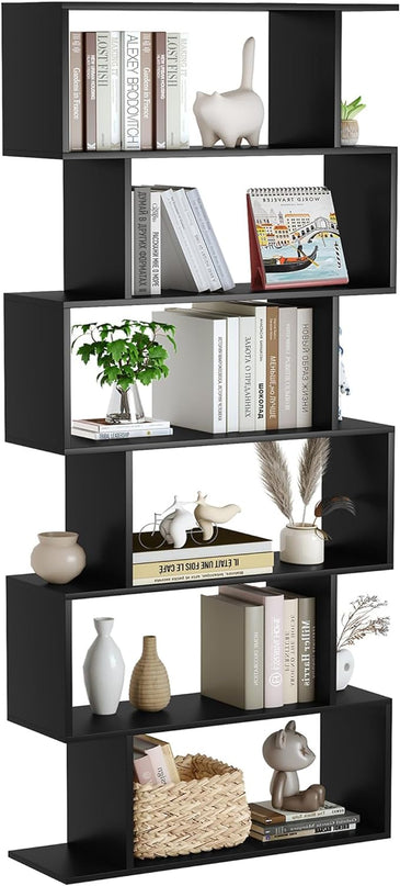 Yusong Bookshelf 6-Tier, Geometric Bookcase S Shaped Book Shelves for Bedroom, Modern Wood Decorative Display Shelf Tall Book Case for Home Office, Black - LeafyLoom