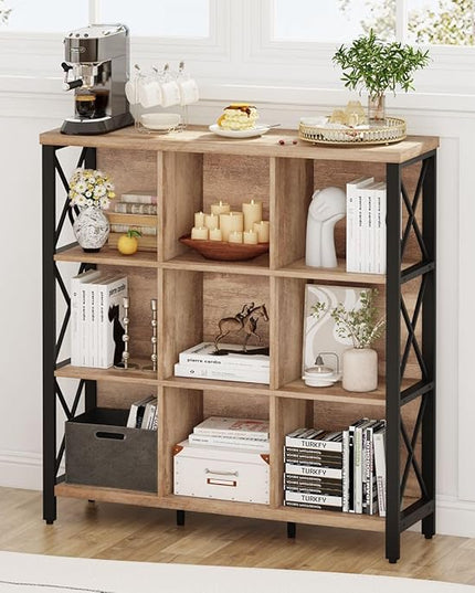 FATORRI 9 Cube Storage Bookshelf, Industrial 4 Shelf Book Shelf, Farmhouse Wood and Metal Cubby Bookcase for Home Office (39.37" W, Rustic Oak) - LeafyLoom