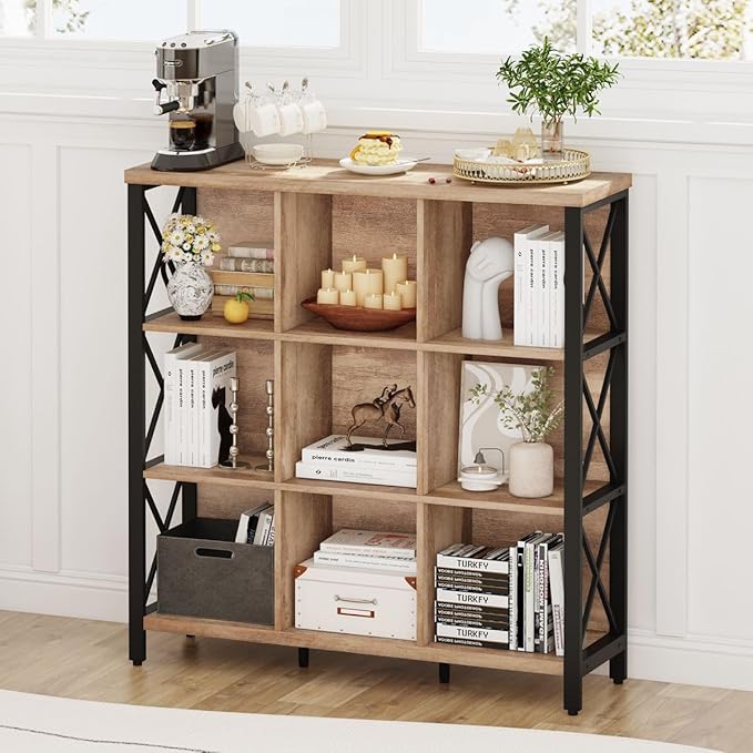 FATORRI 9 Cube Storage Bookshelf, Industrial 4 Shelf Book Shelf, Farmhouse Wood and Metal Cubby Bookcase for Home Office (39.37" W, Rustic Oak) - LeafyLoom