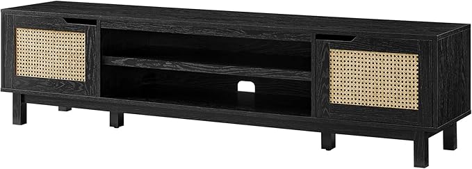 Walker Edison Destin Modern Minimal Rattan-Door Stand for TVs up to 80 Inches, 70 Inch, Black - LeafyLoom