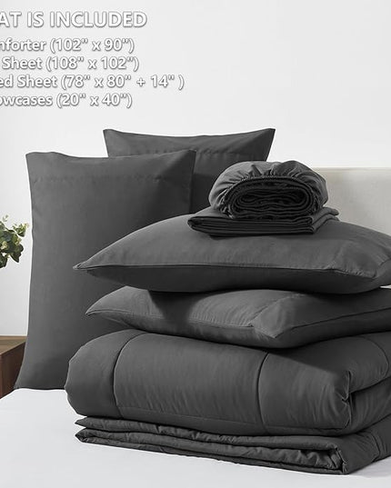 CozyLux King Size Comforter Set - 7 Pieces Bed in a Bag Set Dark Grey, King Bedding Set with All Season Quilted Comforter, Flat Sheet, Fitted Sheet, Pillowcases - LeafyLoom
