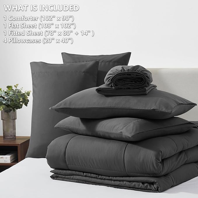 CozyLux King Size Comforter Set - 7 Pieces Bed in a Bag Set Dark Grey, King Bedding Set with All Season Quilted Comforter, Flat Sheet, Fitted Sheet, Pillowcases - LeafyLoom