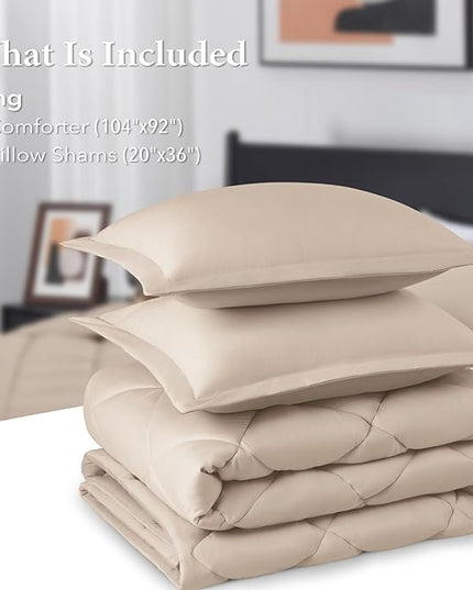 downluxe King Size Comforter Set - Khaki King Comforter Set, 3 Pieces Soft Solid Comforter King Size Set for All Seasons, 1 Lightweight Fluffy Comforter (104"x92") and 2 Pillow Shams - LeafyLoom