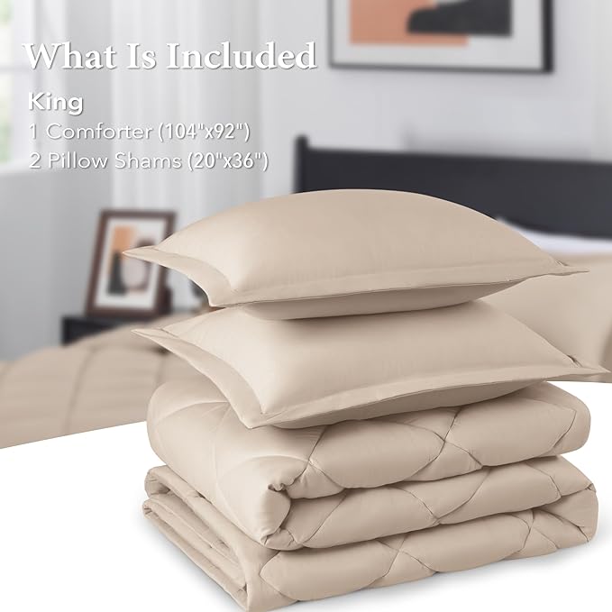 downluxe King Size Comforter Set - Khaki King Comforter Set, 3 Pieces Soft Solid Comforter King Size Set for All Seasons, 1 Lightweight Fluffy Comforter (104"x92") and 2 Pillow Shams - LeafyLoom