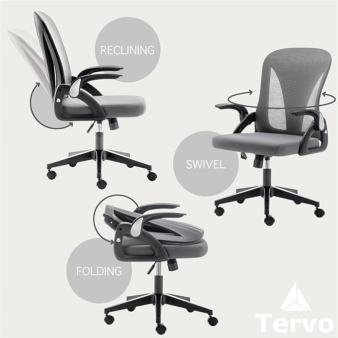 Tervo Model S | Foldable & Adjustable Height for Small Spaces | Gaming Chair | Swivel Desk Chair for Home Work | Ergonomic Mesh Computer Chair for Bedroom (Grey & Black) - LeafyLoom
