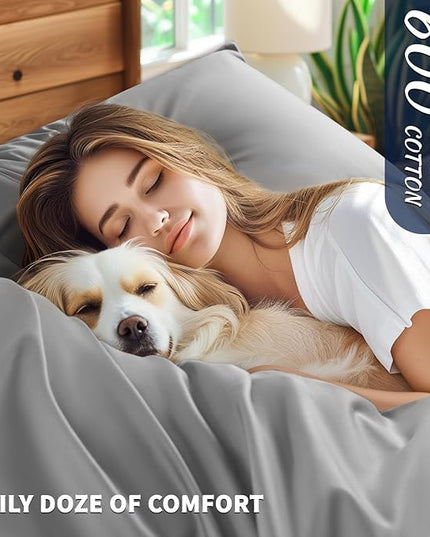 Shilucheng 100% Cotton Sheets Set - 600 Thread Count，Luxury Egyptian Cotton Bed Sheets，5-Star Hotel Quality Sheets, Breathable & Cooling, 16 Inch Deep Pocket - 4 Piece (Grey, California King) - LeafyLoom