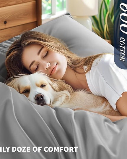 Shilucheng 100% Cotton Queen Size Sheets Set - 600 Thread Count，Luxury Egyptian Cotton Bed Sheets，5-Star Hotel Quality Sheets, Breathable & Cooling, 16 Inch Deep Pocket - 4 Piece (Grey, Queen) - LeafyLoom