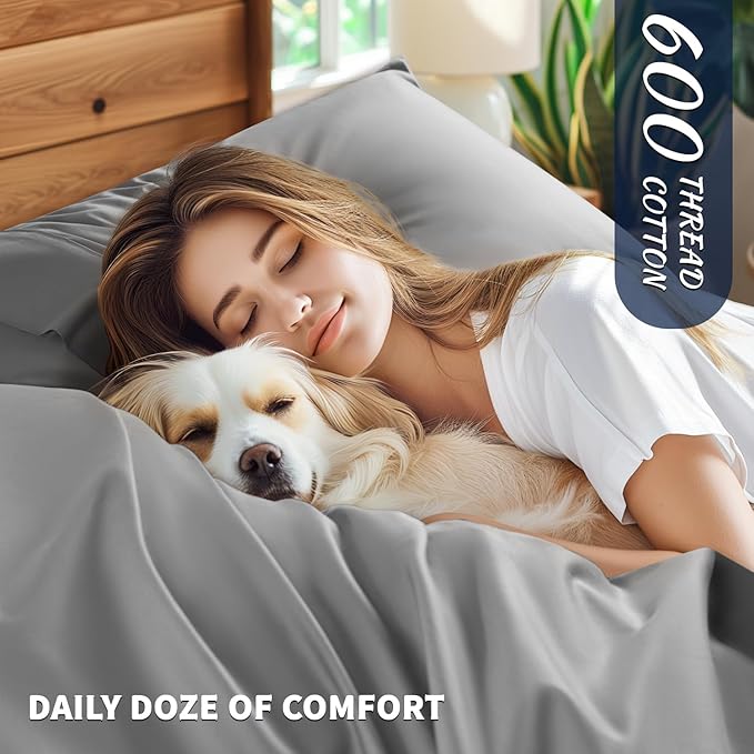 Shilucheng 100% Cotton King Size Sheets Set - 600 Thread Count，Luxury Egyptian Cotton Bed Sheets，5-Star Hotel Quality Sheets, Breathable & Cooling, 16 Inch Deep Pocket - 4 Piece (Grey, King) - LeafyLoom