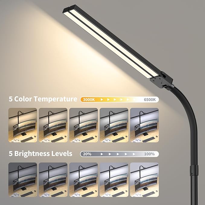 Desk Lamp Architect Task Dual Head Modern Flexible Gooseneck Tall Dimmable Light for Home Office, 5 Color Modes,Remote Control, 1500lm 24W Extra Bright Lighting - LeafyLoom