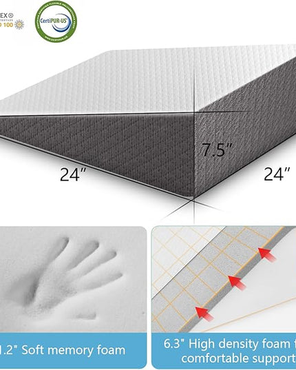 Wedge Pillow for Sleeping, 7.5 Inch Bed Wedge Pillow for Headboard, Wedge Pillow for Acid Reflux, After Surgery, Snoring, Cooling Memory Foam Top Triangle Pillow Wedge, Removable Cover - LeafyLoom