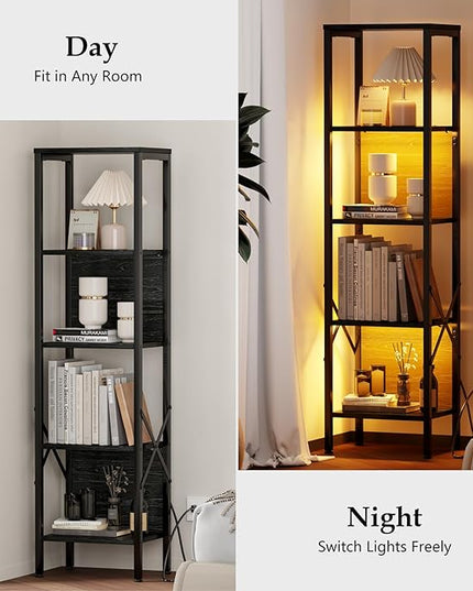 Furologee 5 Tier Book Shelf with LED Light, Tall Display Bookcase with Back, Narrow Industrial Standing Shelving Units, Metal and Wooden Storage Rack for Bedroom, Living Room, Office, Black Oak - LeafyLoom