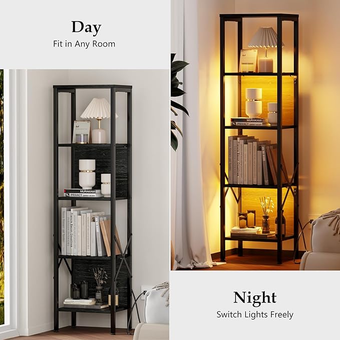 Furologee 5 Tier Book Shelf with LED Light, Tall Display Bookcase with Back, Narrow Industrial Standing Shelving Units, Metal and Wooden Storage Rack for Bedroom, Living Room, Office, Black Oak - LeafyLoom