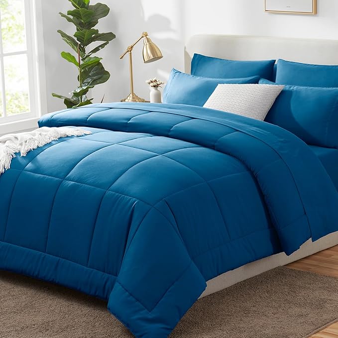 CozyLux Queen Size Comforter Set - 7 Pieces Bed in a Bag Set Teal, Bedding Sets Queen with All Season Quilted Comforter, Flat Sheet, Fitted Sheet, Pillowcases, Teal, Queen - LeafyLoom