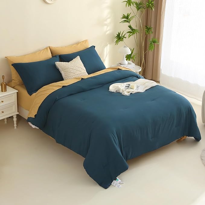 MILDLY King Size Comforter Set 7 Piece Color Clash, Peacock Blue Bed in a Bag, All Season Bedding Sets with 1 Comforter, 2 Pillow Shams, 2 Pillowcases, 1 Flat Sheet, 1 Fitted Sheet - LeafyLoom