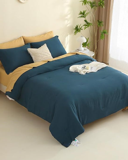 MILDLY California King Size Comforter Set 7 Piece Color Clash, Peacock Blue Bed in a Bag, All Season Bedding Sets with 1 Comforter, 2 Pillow Shams, 2 Pillowcases, 1 Flat Sheet, 1 Fitted Sheet - LeafyLoom
