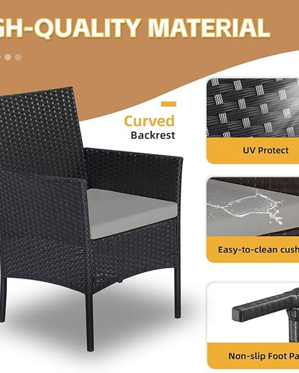Patio Set 3 Piece Outdoor Rattan Porch Furniture with Tempered Glass Side Table & Cushion All Weather Conversation Bistro Set for Balcony,Deck,Porch (Brown/Beige) - LeafyLoom