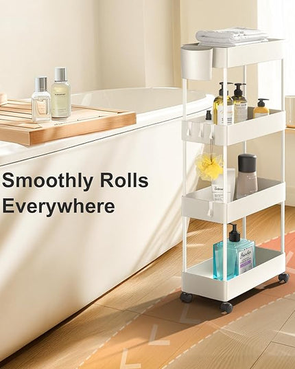 Pipishell Slim Storage Cart with Wheels, 4 Tier Bathroom Storage Organizer Rolling Utility Cart for Bathroom Kitchen Laundry Room Office Narrow Place (White) - LeafyLoom