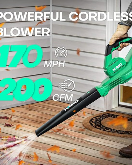 KIMO Cordless Leaf Blower - 200 CFM 170 MPH Battery-Operated Blower for Blowing Leaves, Snow Debris and Dust, 20V Electric Leaf Blower with 4.0Ah Battery and Charger for Yard| Patio| House |Jobsite - LeafyLoom