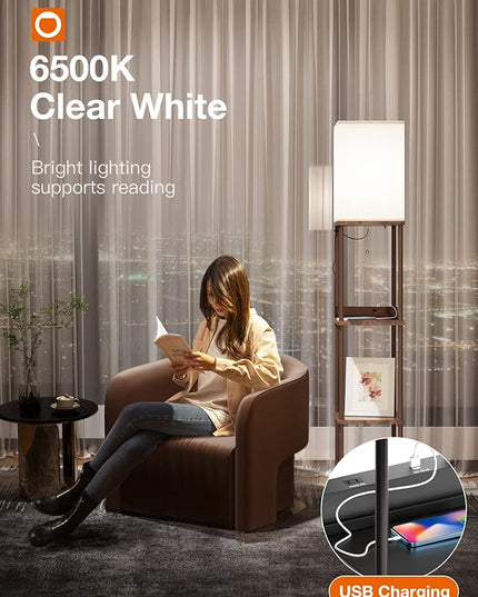 addlon Shelf Floor lamp with 2 USB Ports and Power Outlet, Remote Control Floor lamp for Living Room with 3 Color temperatures led Bulb, Display lamp for Bedroom and Office - Brown - LeafyLoom