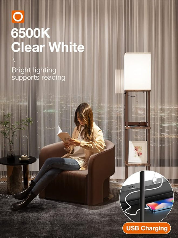 addlon Shelf Floor lamp with 2 USB Ports and Power Outlet, Remote Control Floor lamp for Living Room with 3 Color temperatures led Bulb, Display lamp for Bedroom and Office - Brown - LeafyLoom