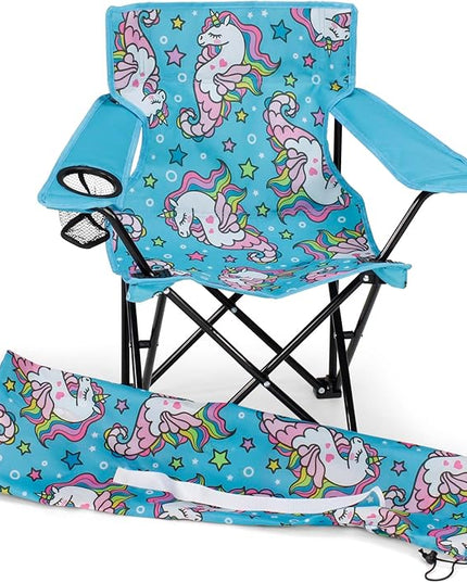 Emily Rose Kids Folding Chair | Beach Chair with Safety Lock- Camping Chair for Boyos Girls Toddler with Cup Holder & Carry Case- Tailgate, Travel, Lawn- for Indoor & Outdoor (Sea Unicorns) - LeafyLoom