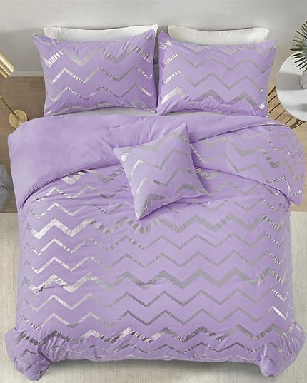 Purple/Silver Comforter Set King, Lavender Metallic Print Glitter Bedding Set Cute Shinny Lilac Bed Sets for Teen Girls Kids Women, 4 Piece (2 Pillowcases, 1 Decorative Pillow Sham) - LeafyLoom