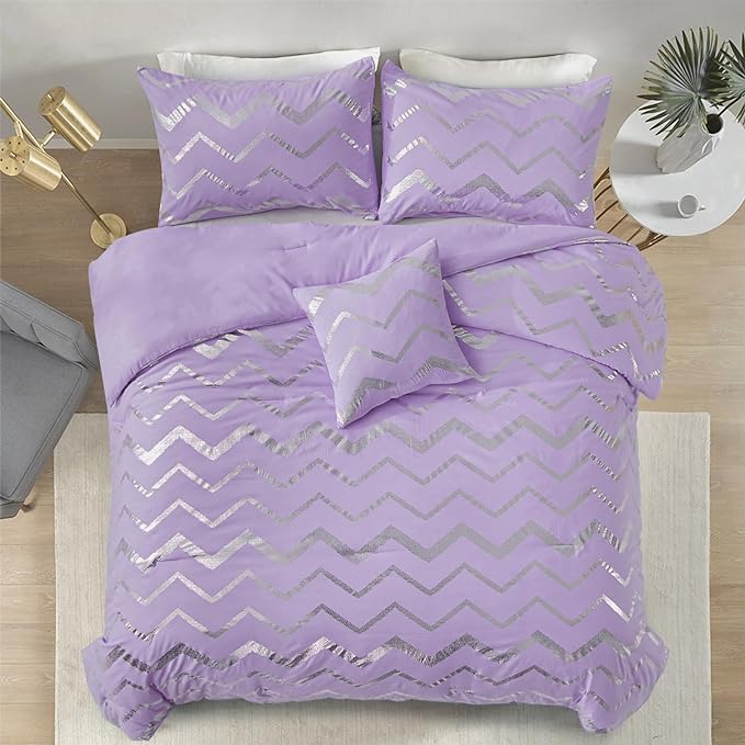 Purple/Silver Comforter Set King, Lavender Metallic Print Glitter Bedding Set Cute Shinny Lilac Bed Sets for Teen Girls Kids Women, 4 Piece (2 Pillowcases, 1 Decorative Pillow Sham) - LeafyLoom