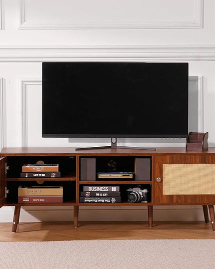 VEVOR Rattan TV Stand, Mid Century Modern TV Stand for 65 inch TV, Boho Rattan TV Cabinet with Build-in Socket and USB Ports, Adjustable Shelfs for Living Room, Media Room, Walnut - LeafyLoom