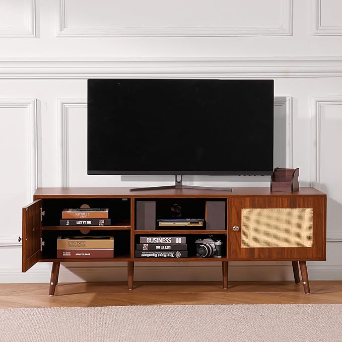 VEVOR Rattan TV Stand, Mid Century Modern TV Stand for 65 inch TV, Boho Rattan TV Cabinet with Build-in Socket and USB Ports, Adjustable Shelfs for Living Room, Media Room, Walnut - LeafyLoom