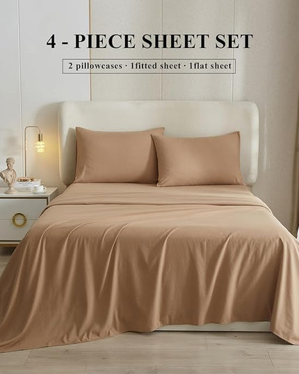 Camel Beige Sheets King 4 Piece Bed Sheets,16 Inch Deep Pocket,Luxury Soft King Sheet & Pillowcase Set,Easy Fit Fitted Sheets King,Wrinkle & Shrink Resistant Cooling Sheets for King Size Bed - LeafyLoom