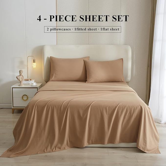 Camel Beige Sheets King 4 Piece Bed Sheets,16 Inch Deep Pocket,Luxury Soft King Sheet & Pillowcase Set,Easy Fit Fitted Sheets King,Wrinkle & Shrink Resistant Cooling Sheets for King Size Bed - LeafyLoom