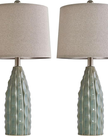 23.75" Modern Green Ceramic Lamps Set of 2 for Living Room Study Room Office Dorm Farmhouse Nightstand, End Table Lamps - LeafyLoom