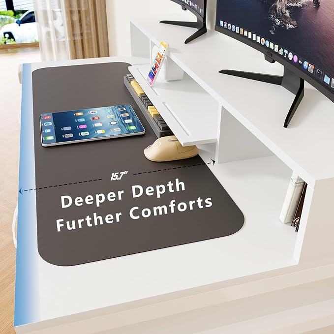 Computer Desk with Drawers, 47" Home Office Desk with Monitor Shelf, Writing Desk with Storage, Gaming Desk Work Desk Study Desk for Bedroom, White - LeafyLoom