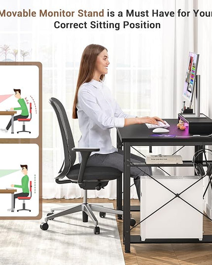 armocity Computer Desk with LED Lights, 55 Inch Desk with Power Outlet and USB, Reversible Large Desk with Moveable Monitor Stand, 55.2'' Gaming PC Table for Home Office, Workstation, Black - LeafyLoom