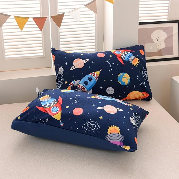 Aimuan Space Bedding Set Kid Rocket Comforter Set Full Size Super Soft & Cute Aliens UFO Printed Quilt Set for Teen Boys Girls (Navy, Full) - LeafyLoom