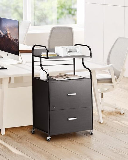 Vertical File Cabinet, 2 Drawer Mobile Filing Cabinet with 1 Bookshelf, Printer Stand with Open Storage Shelves Fits A4/Letter/Legal Size File Cabinets for Home Office Organizer, Black - LeafyLoom