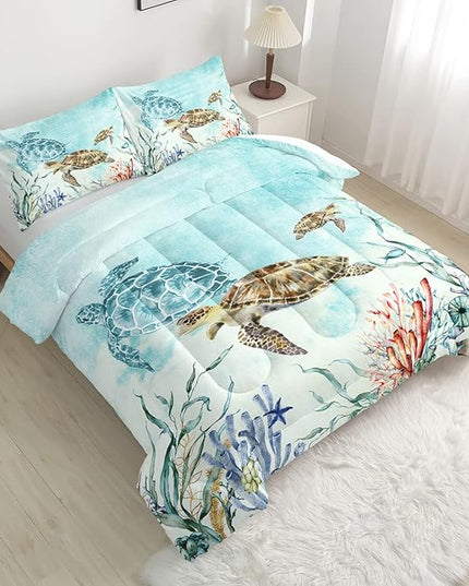 CVHOUSE Sea Turtle Comforter Set,Ocean Watercolor Sea Turtle Bedding Set for Kids Teens,Ocean Sea Turtle Comforter Sea Turtle Duvet Set Room Decor Quilt Set Twin Size - LeafyLoom