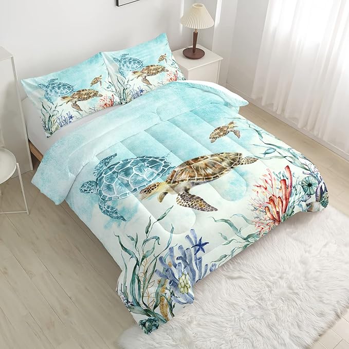 CVHOUSE Ocean Watercolor Sea Turtle Comforter Set, Queen Size, 1 Comforter, 2 Pillowcases, Polyester, for Adult, Teen, Kid, Modern Style, Unisex, Winter, Fall, Spring, Machine Wash - LeafyLoom