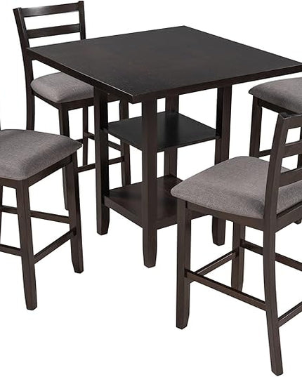 5-Piece Counter Height Dining Set, includes 1 Solid Wood Table with Storage Shelving and 4 Padded Chairs, for Kitchen, Diningroom, Living Room, Easy to Assemble, Espresso - LeafyLoom
