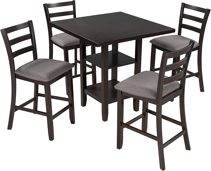 5-Piece Counter Height Dining Set, includes 1 Solid Wood Table with Storage Shelving and 4 Padded Chairs, for Kitchen, Diningroom, Living Room, Easy to Assemble, Espresso - LeafyLoom