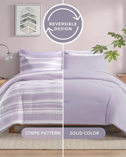 Codi Bed in a Bag Twin Size Complete Set, Lavender Purple Striped Single Comforter Set 5 Piece for Teen, Modern Neutral Cationic Dyeing Bed Sets with Comforter, Sheets, Pillowcases & Shams - LeafyLoom