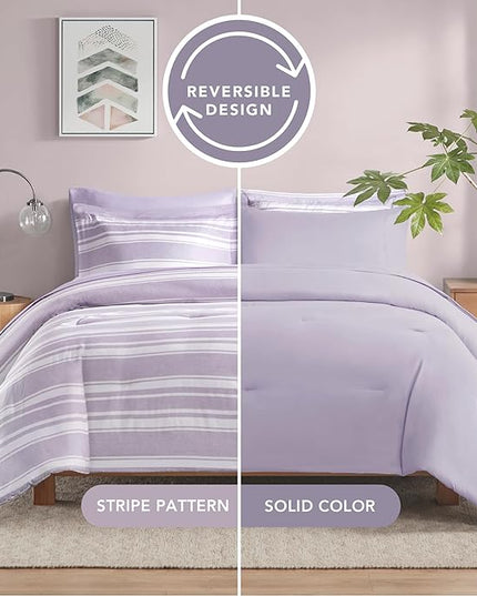 Codi Lavender Purple Queen Comforter Set with Sheets, Striped Bed in a Bag Reversible for All Seasons, Cationic Dyeing Bedding Sets with Comforter, Sheets, Pillowcases & Shams - LeafyLoom