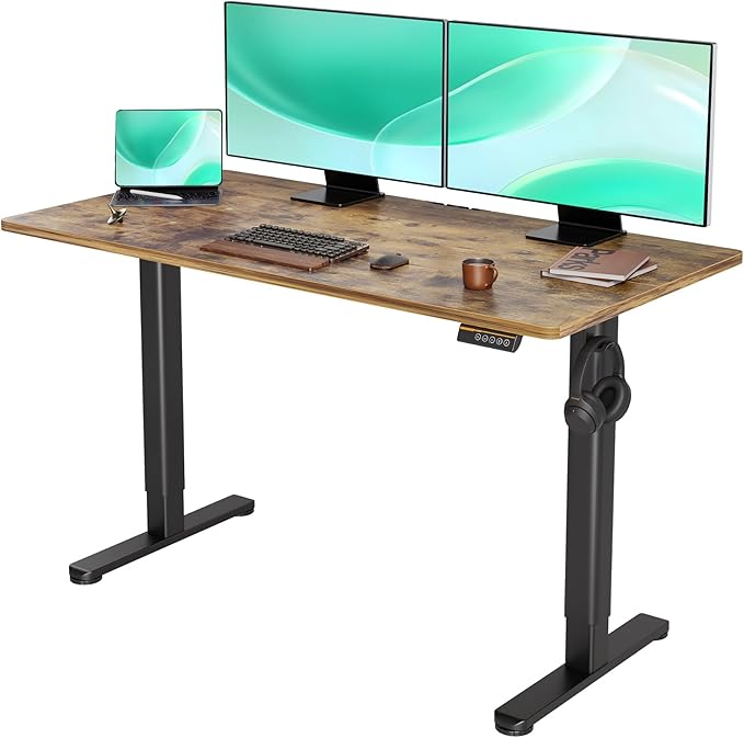 Electric Standing Desk, Adjustable Height Stand up Desk, 55x24 Inches Sit Stand Home Office Desk with Splice Board,Rustic Brown Top - LeafyLoom