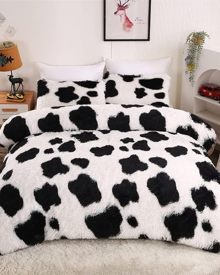 Faux Fur Kids Girls Cow Print Comforter Sets Queen - 3PC Bed Set Warm Comfortable Soft Plush Flannel Velvet Fluffy Fuzzy Bedding（Comforter x 1 Pillowcases x 2） - LeafyLoom