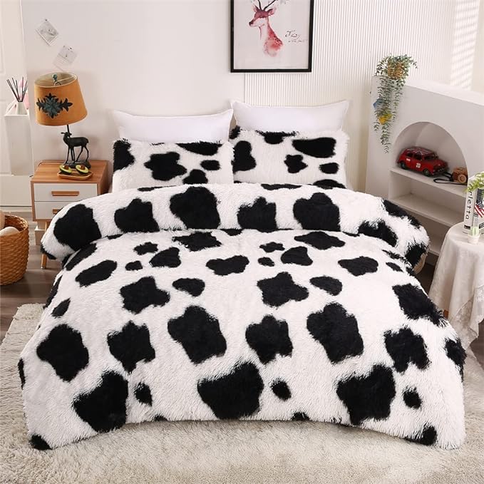 Faux Fur Kids Girls Cow Print Comforter Sets Queen - 3PC Bed Set Warm Comfortable Soft Plush Flannel Velvet Fluffy Fuzzy Bedding（Comforter x 1 Pillowcases x 2） - LeafyLoom