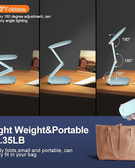 LED Desk Lamp for Office Home & Battery Operated Lamp Rechargeable Lamp Foldable & Portable Light, [2-fold support frame higher] 3 Brightness Dimmable Small Desk Lamp Wireless Reading Lamp - LeafyLoom