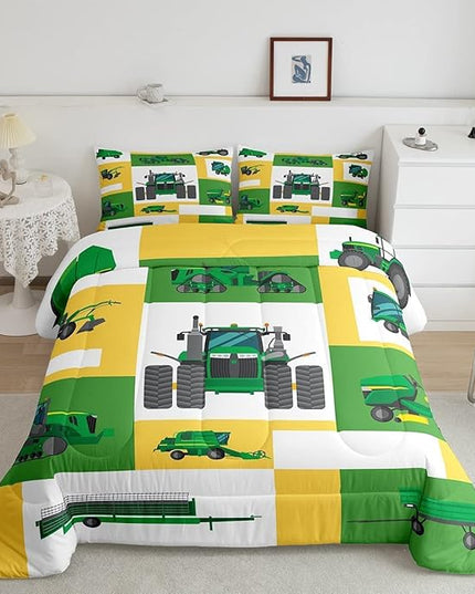 Boys Tractor Comforter Set King Kids Equipment Trucks Bedding Sets For Teens Bedroom Under Construction Quilt Set Excavator Vehicle Car Bedding Farmhouse Harvester Quilted Comforter,Green Yellow - LeafyLoom