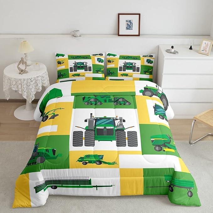 Boys Tractor Comforter Set King Kids Equipment Trucks Bedding Sets For Teens Bedroom Under Construction Quilt Set Excavator Vehicle Car Bedding Farmhouse Harvester Quilted Comforter,Green Yellow - LeafyLoom