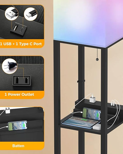 PAZZO Smart RGB Floor lamp with Shelves, Shelf Floor Lamp with Alexa, Solid Wood with 2 Charging Ports and 1 Power Outlet, Modern Standing Lamp for livingroom, Bedroom,Bulb Included,Matt Black - LeafyLoom